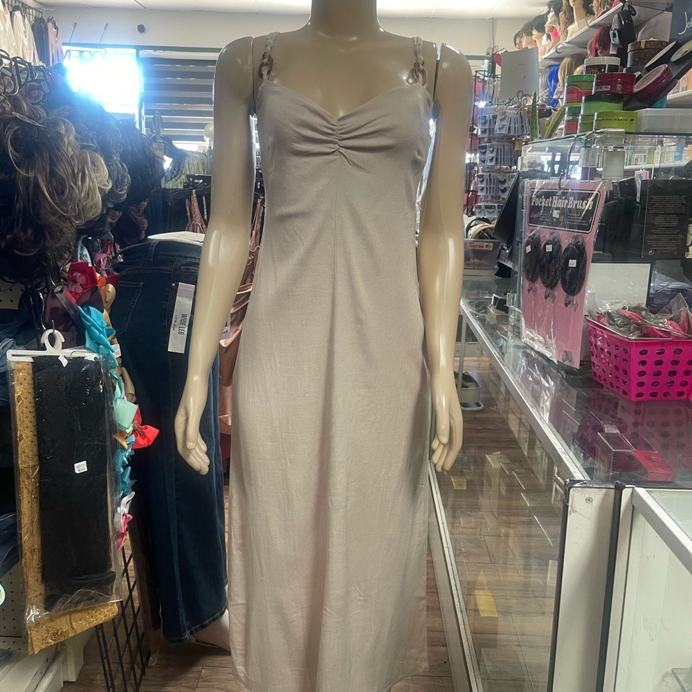 Sleeveless Ruched Slip Dress in Light Beige